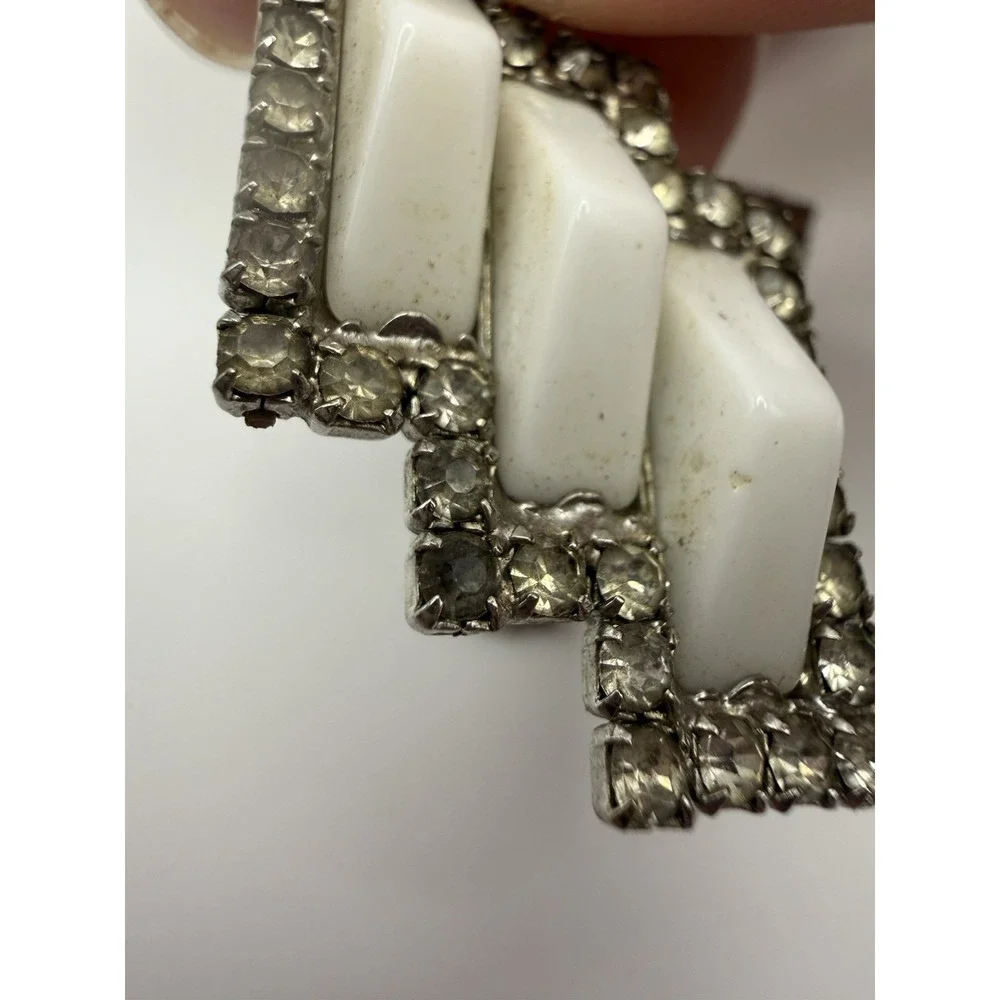 Vintage Milk Glass and Rhinestone Clip on Earrings Art Deco‎ Statement Jewelry